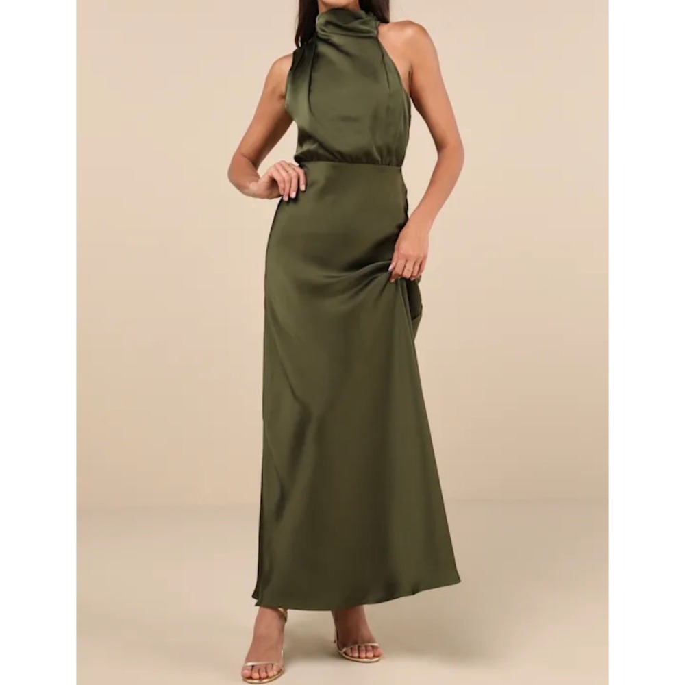 Lulu's Olive Green Satin Halter Maxi Dress
